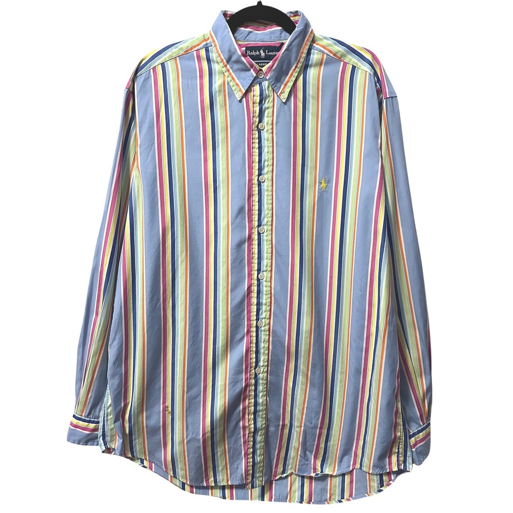 RL Ralph Lauren Classic Fit Striped Button Down Shirt L 16.5 Blue Multi Preppy